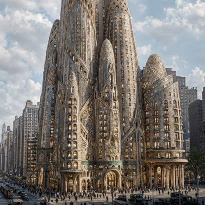 Gaudí's 'Ghost of an Alternative New York' Brought to Life by AI Artist Thierry Lechanteur